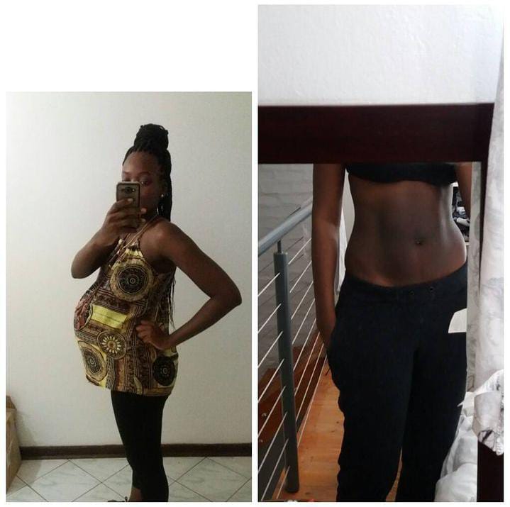 Photo on the left is the day I went into labour with my first born and the photo on the right is me 3 months postpartum